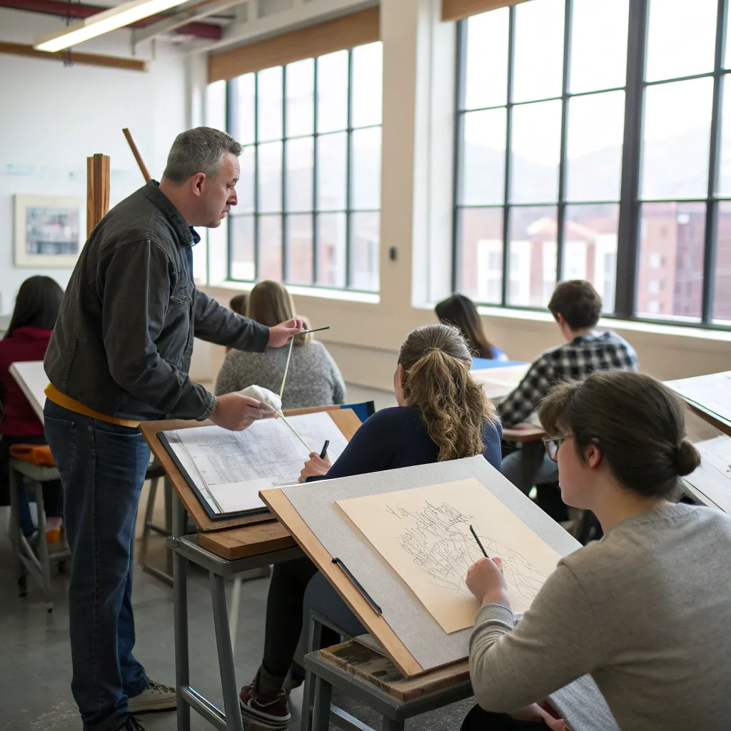 Instructor guiding a drawing class